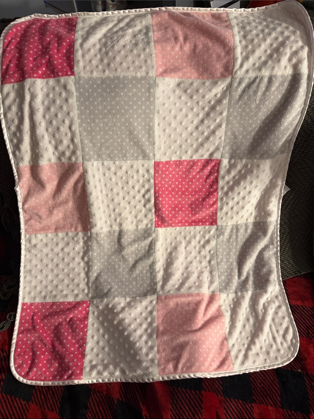 Just born minky patchwork baby blanket in pink, white and gray